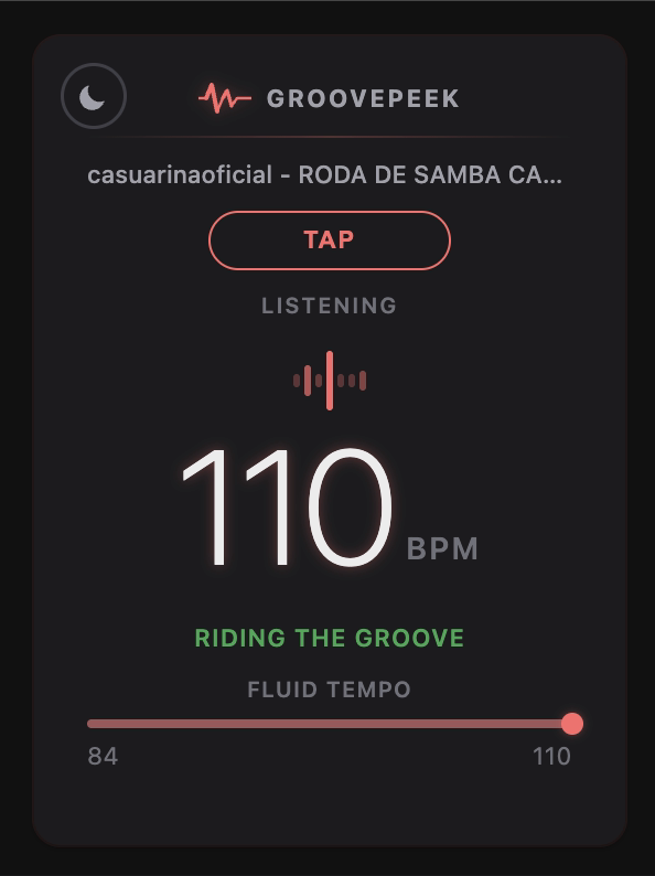 GroovePeek popup — 110 BPM, Riding the Groove, dark theme