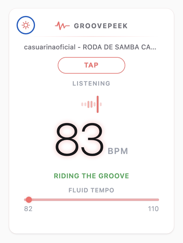 GroovePeek popup — 83 BPM, Riding the Groove, light theme